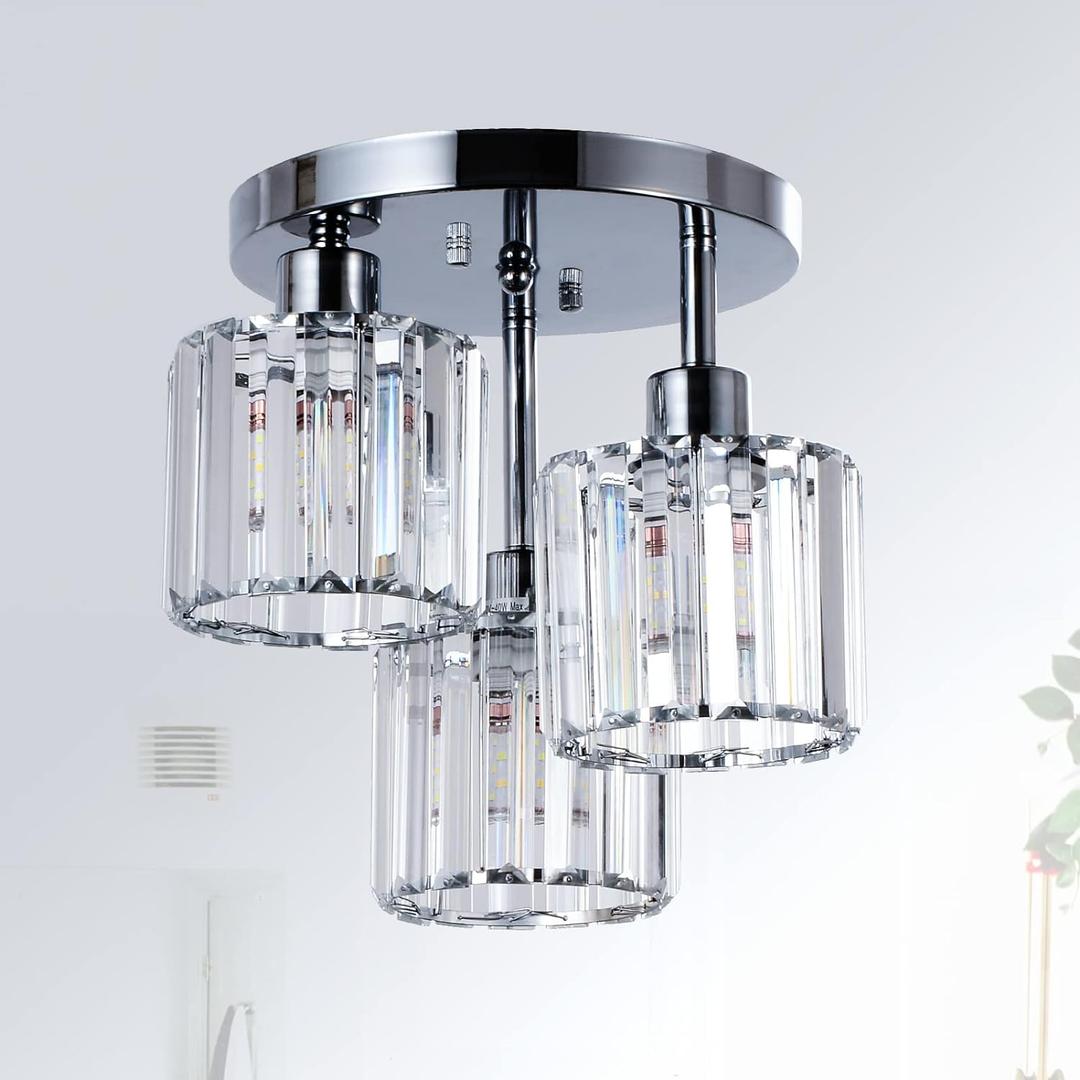 Semi Flush Mount Ceiling Light,3-Light Modern Close to Ceiling Light Fixtures,Kitchen Light with Clear Crystal Shades, Hallway Light Fixtures for Kitchen Entryway Bedroom Bathroom Foyer (Chrome)