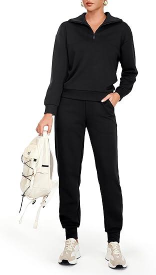 AFITNE Women's 2 Piece Outfits Sweatsuits Long Sleeve Tracksuit Casual Lapel Half Zip Sweatshirt Joggers Sweatpants Set, Size Small