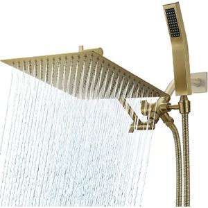 10 Inch All Metal Rain Shower Head With Handheld, High Pressure Dual Shower Head Combo With Adjustable Extension Arm, 70" Flexible Hose, 3-Way Diverter-Height/Angle Adjustable, Brushed Gold