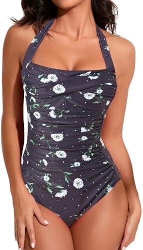 Smismivo Tummy Control Swimwear Halter One Piece Slimming Vintage Retro Swimsuit Womens Ruched Push Up Bathing Suit, Size Large