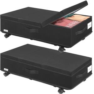 Under Bed Storage with Wheels, Rolling Underbed Storage Containers with Lids, Under Bed Shoe Storage Bins Organizer with Reinforced Metal Bottom Support and Three Handles