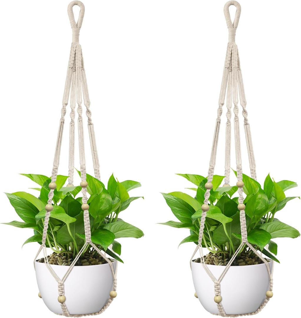 USLAI Macrame Plant Hanger Indoor Outdoor, Fits 4 to 15 Inch Pots, Strong Hanging Planter Holder, Boho Home Decor, 35 Inch, Ivory, Set of 2 (POTS NOT Included)
