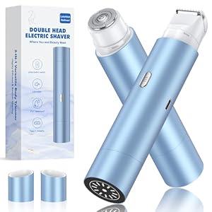 NIPOO Bikini Trimmer for Women, Dual Head Face Shaver Body Hair Trimmmer, IPX7 Waterproof Womens Electric Razor for Legs, Light Blue