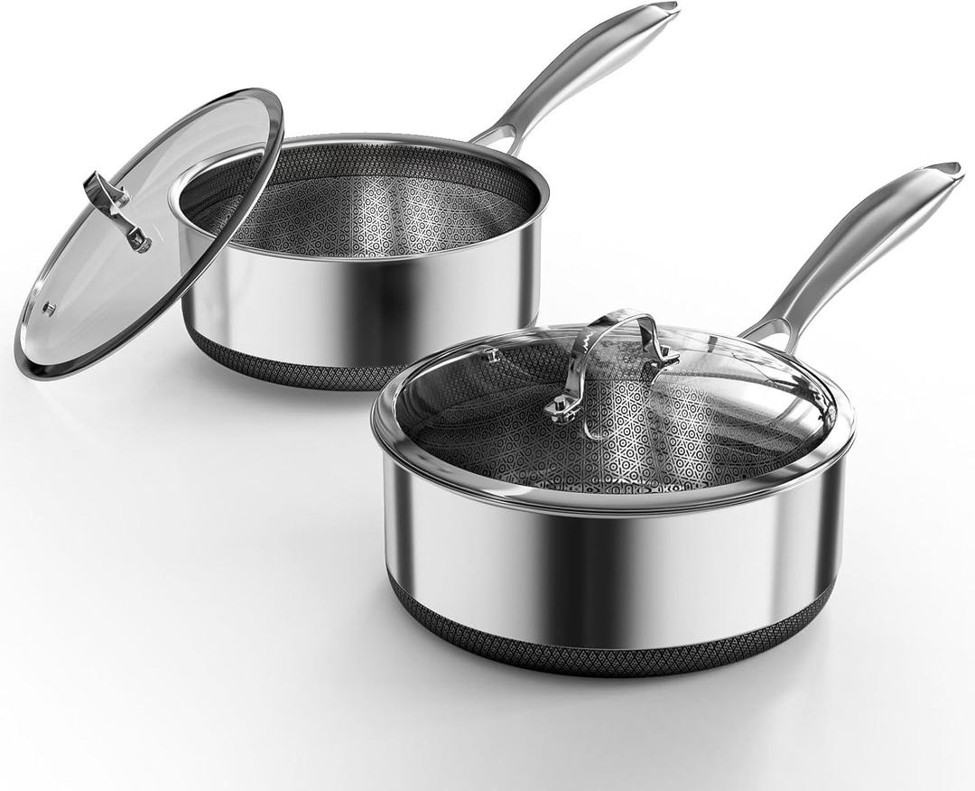 Sauce pan with Lid, KURRUNGIE 1.5 & 2.8 QT Hybrid Stainless Steel Cookware Set, PFOA Free 5-Ply Cooking Pots with Lids, Stainless Steel Pans for Cooking, Induction Cookware Oven and Dishwasher Safe (4 Quarts)