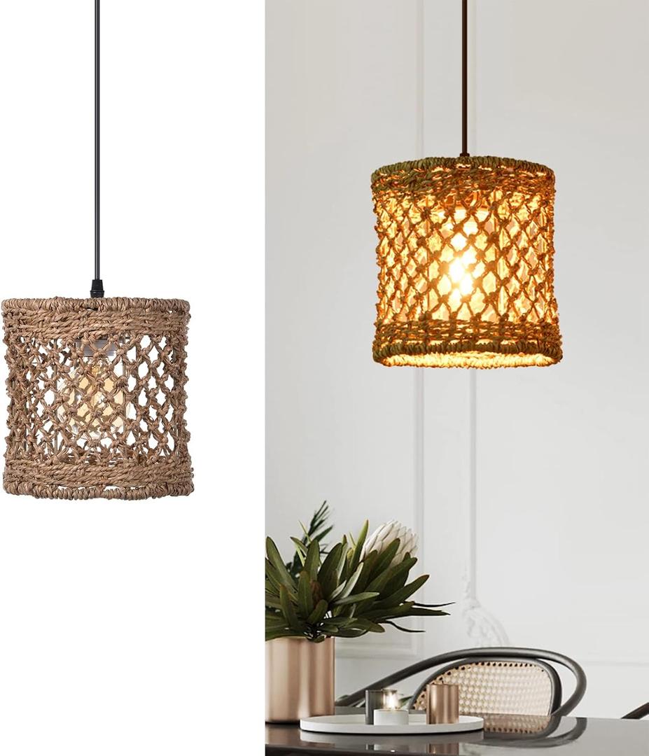 Arturesthome Boho Hand Woven Rattan Pendant Light Fixture, Mini Farmhouse Natural Chandelier Lighting, Retro Wicker Hanging Lamp for Kitchen Island D 7.8*7.8