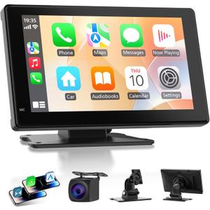 Haudio 7" Portable Wireless CarPlay & Android Auto Screen for Car, HD Touchscreen, Backup Camera, Bluetooth 5.0, FM Transmitter, Plug and Play, Voice Control, Fit All Vehicles