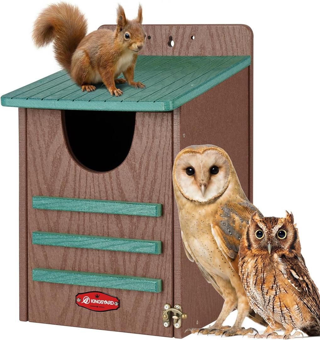 Kingsyard Large Recycled Plastic Wooden Owl House, Waterproof Screech Owl Bird Boxes for Outside, Owl Nesting Box Kit with Screws Ideal for Wildlife, Elf, Pygmy, Garden, Air Ventilation. Green