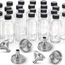 24 Pack, 2 oz Small Clear Glass Bottles w/ Lid & 6 Stainless Steel Funnels - 60ml Boston Sample Bottles - Mini Travel Essential or Decorative Bottles for Potion, Juice, Wellness, Ginger Shots, Whiskey