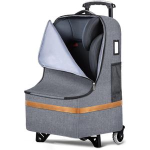 Padded Car Seat Travel Bag for Airplane with Wheels, Heavy Duty Carseat Bags for Air Travel, Rolling Gate Check Backpack and Dolly Carrier, Storage for Baby Essentials, Grey