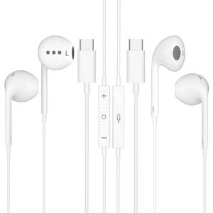 USB C Headphones 2 Pack, Wired Earbuds with Mic, Volume Control & Noise Cancelling, in-Ear Type C Earphone for iPhone 17 16 15 Pro Max,Samsung Galaxy S25,iPad,Laptop Pixel,All USB-C Devices (White)