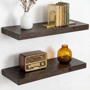 Dreamland 18 Inch Long Floating Shelves Set of 2, Rustic Solid Elm Wood Floating Shelf Wall Mounted, 8 Inch Deep Wall Shelves with Invisible Bracket for Living Room Bathroom Bedroom Kitchen, Walnut, Flat Edge - 18"L