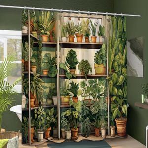 Botanical Shower Curtain, Vintage Green Plant Shower Curtains for Bathroom Decor Nature Fake Potted Greenery Floral Bath Curtain Set, Waterproof Fabric, 70x72in