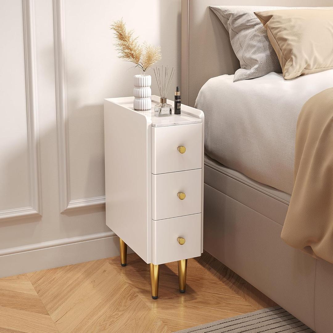 Narrow Nightstand 7.9" with 3 Drawer Wood Bedside Table Small White and Gold Night Stand Modern Minimalist End Table for Small Space, Bedroom, Vanity, Dorm