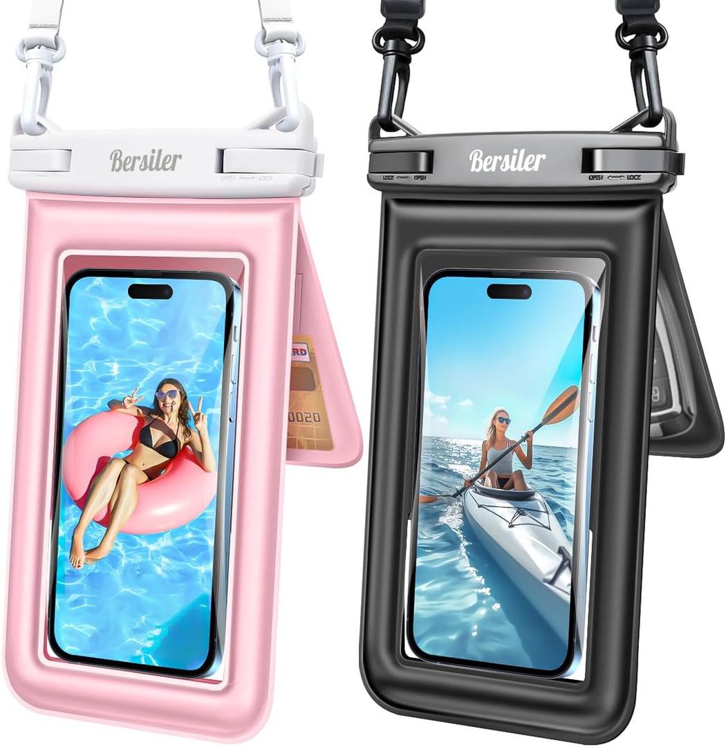 [Floatable 2 Pack Floating Waterproof Phone Pouch Case Up to 8.5", IPX8 Waterproof Phone Double Bag, Dry Bag for iPhone 16 15 14 13 Pro Max Galaxy S24+ S23, Beach Cruise Ship Essentials (Black+Pink)