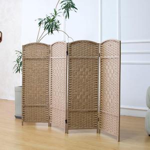 Furnnylane 4 Panel Rattan Divider Short Room Partition Screen,Double Sided Folding Divider for Room Separation, Light Brown,47.2" H x 63" W