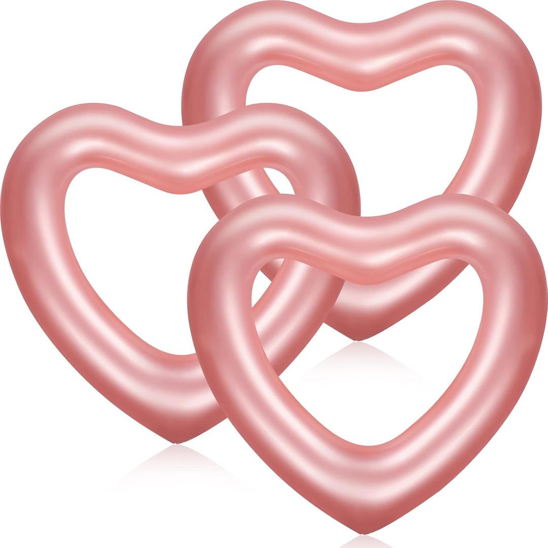 Zhanmai 3 Pcs Inflatable Heart Pool Float 47.3 x 39.4 Inch Swim Heart Shaped Pool Rings for Adults Water Floatie Summer Swimming Tube for Beach Bachelorette Party (Rose Gold)