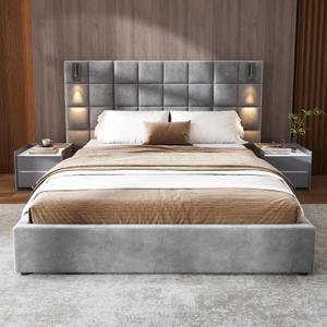 Christopher Knight Home Svens 46" High Headboard Bed, Queen Size Platform Bed Frame, Soft Velvet Bed Frame, Queen Size Headboard, Square Pattern Design with Reading Lamps and USB Ports, Grey