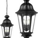 Outdoor Pendant Lights for Porch, HWH 26'' Large Exterior Hanging Light Fixtures with Seeded Glass, Outdoor Hanging Chandelier for Porch Patio Gazebo Hallway, Matte Black Finish, 5HW90H-L BK