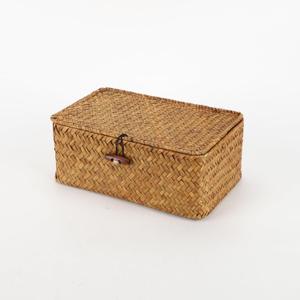 YRHOME Seagrass Rattan Basket Storage with Lid, Natural Hand-woven Rectangular Household Basket Bins for Organizer Boxes Shelf Desk (Original 10.2D X 6.7W X 4.3H)