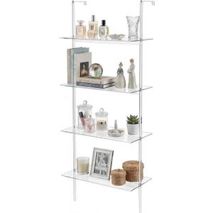 Beeveer Acrylic Ladder Bookshelf Clear Wall Mounted Book Shelf 11.6" D X 23.4" W X 59.4" H, 4 Tier Shelf Sturdy Open Display for Living Room Bathroom Office