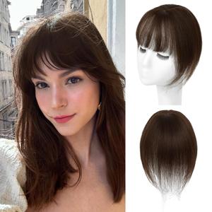 Hair Toppers for Women Real Human Hair-3603D Topper with Bangs for Thinning Hair Clip in Bangs with Upgraded Silk Base Perfect for Daily Wear, Dark Brown