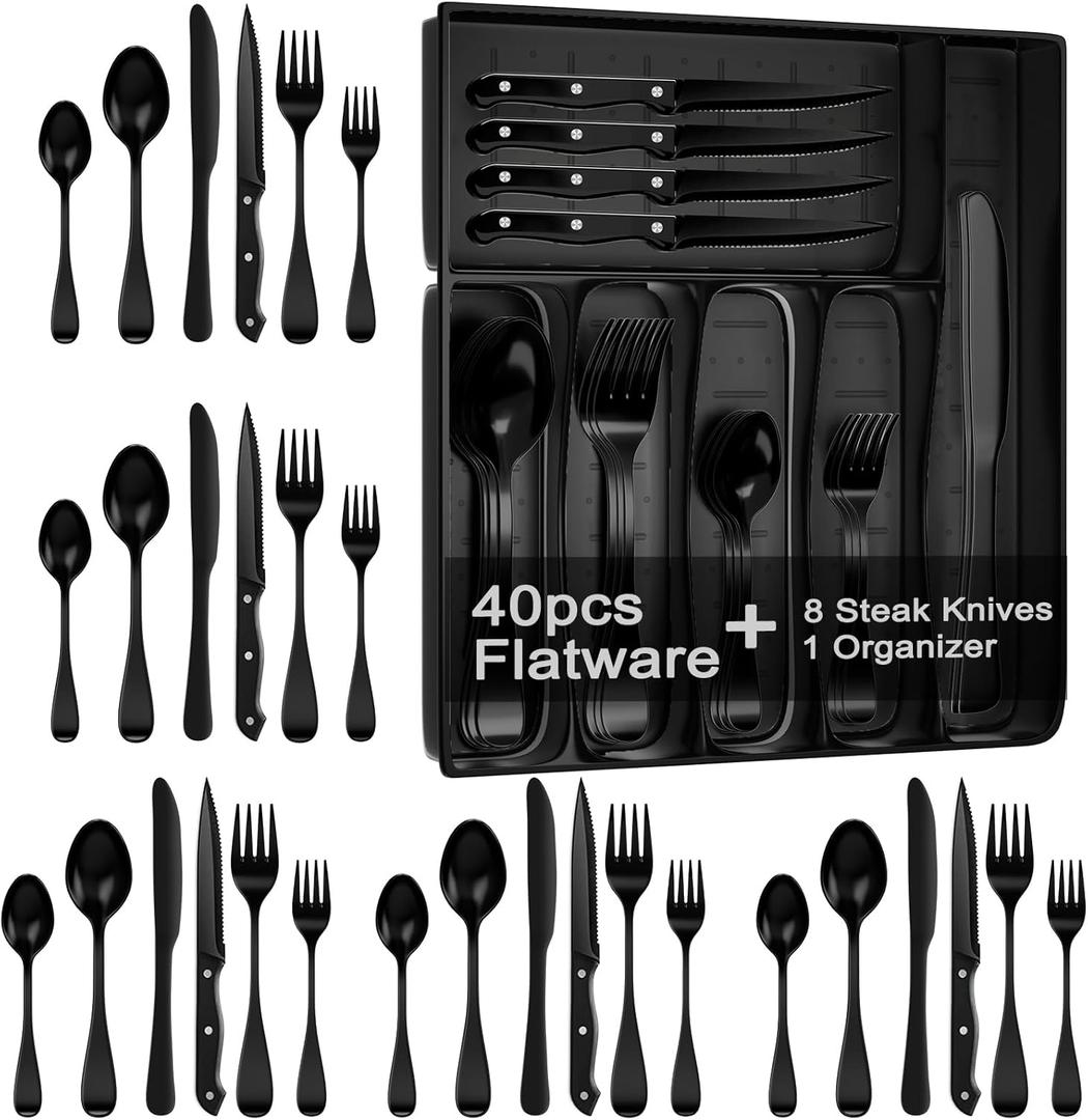 49-Piece Black Silverware Set with Organizer, Stainless Steel Flatware Set for 8 with Drawer Tray, Cutlery Steak Knives Fork Spoon for Home Restaurant, Mirror Finish