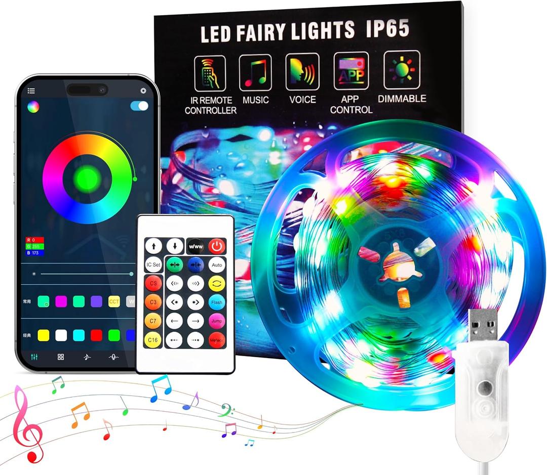 Smart Fairy Lights with IR Remote Plug in, IP65 33Ft 100 Led Fairy Lights for Bedroom USB Bluetooth APP Control, RGB Color Changing Outdoor String Lights, Music Sync Twinkle for Christmas Party ,Multicolor, IR Remote