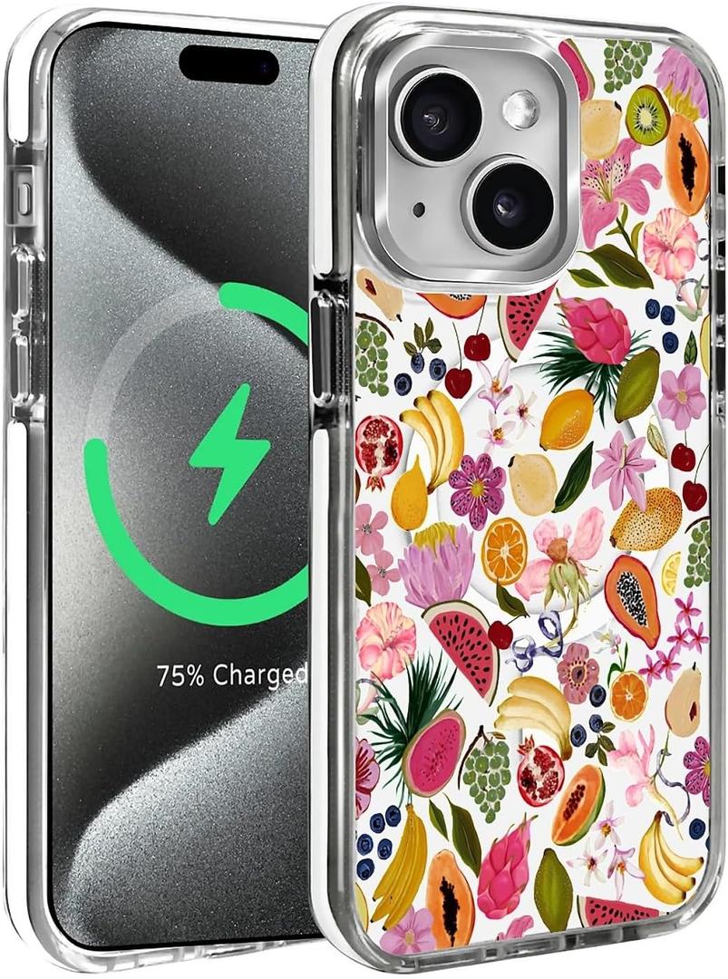 Case for iPhone 13/14 Compatible with MagSafe Classic Hybrid Magnetic Phone Clear Case Drop Protection Scratch-Resistant Back, Fruits Lily Blueberry Cherry