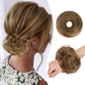 RUWISS Human Hair Bun Hair Piece Long Thin Straight Tousled Updo Bun Hair Pieces for Women Scrunchie Ponytail Extension 25g (Brown Mix Ultra-light Blonde)