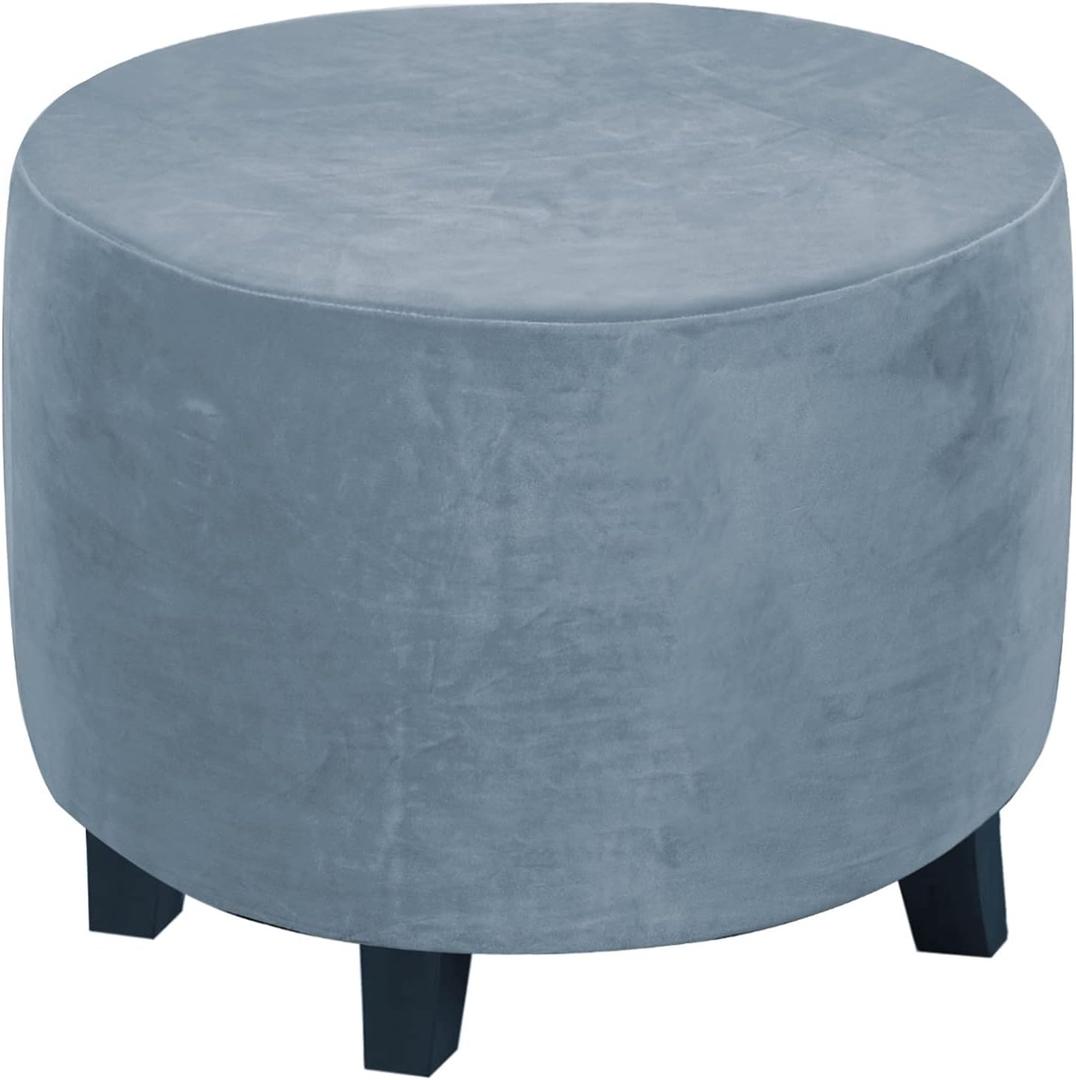 Round Ottoman Slipcover – Stretchable Footstool Cover with Elastic Bottom | Plush Velvet Fabric | Fits Storage Ottomans, Poufs & Stools (Dusty Blue, Medium)
