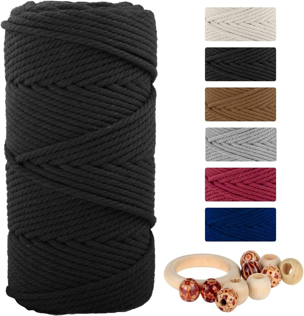 Natural Macrame Cord Cotton Rope with Wooden Beads & Rings, 6mm x109 Yards 4 Strand Twisted, Munzong Handmade Macrame Rope for Wall Hanging, DIY Craft, Knitting Plant Hanger(100m, Black)