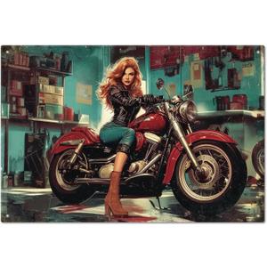 GLOBLELAND Vintage Garage Motorcycle Lady Metal Tin Sign 8x12inch Vintage Cool Pin Up Lady Art Plaque Poster Wall Decor for Home Bars Clubs Garage Motorbike Lover Gifts