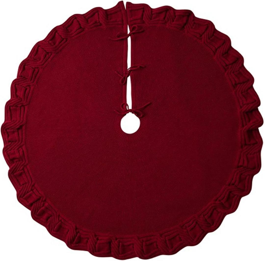 Red Christmas Tree Skirt 48 Inch Ruffled Red Round Christmas Tree Mat Acrylic Fiber for Xmas Home Party Decorations