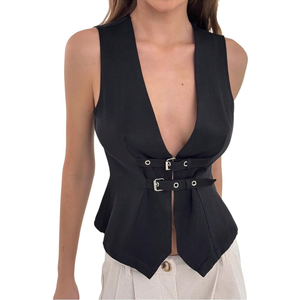 Milumia Women's Buckle Deep V Neck Blazer Vest Split Asymmetrical Hem Tank Tops, Large