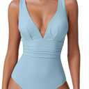 QINSEN Women's Sexy V Neck One Piece Bathing Suit Cross Back Swimsuit High Waist Monokini (Medium, Dusty Blue)