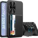 SIXBOX for Samsung Galaxy S25 FE Case Wallet with 2X Screen Protector, Builtin Stand & Card Holder & Camera Cover, Full Body Protective Rugged Multifunctional Kickstand Phone Case for S25 FE, Black