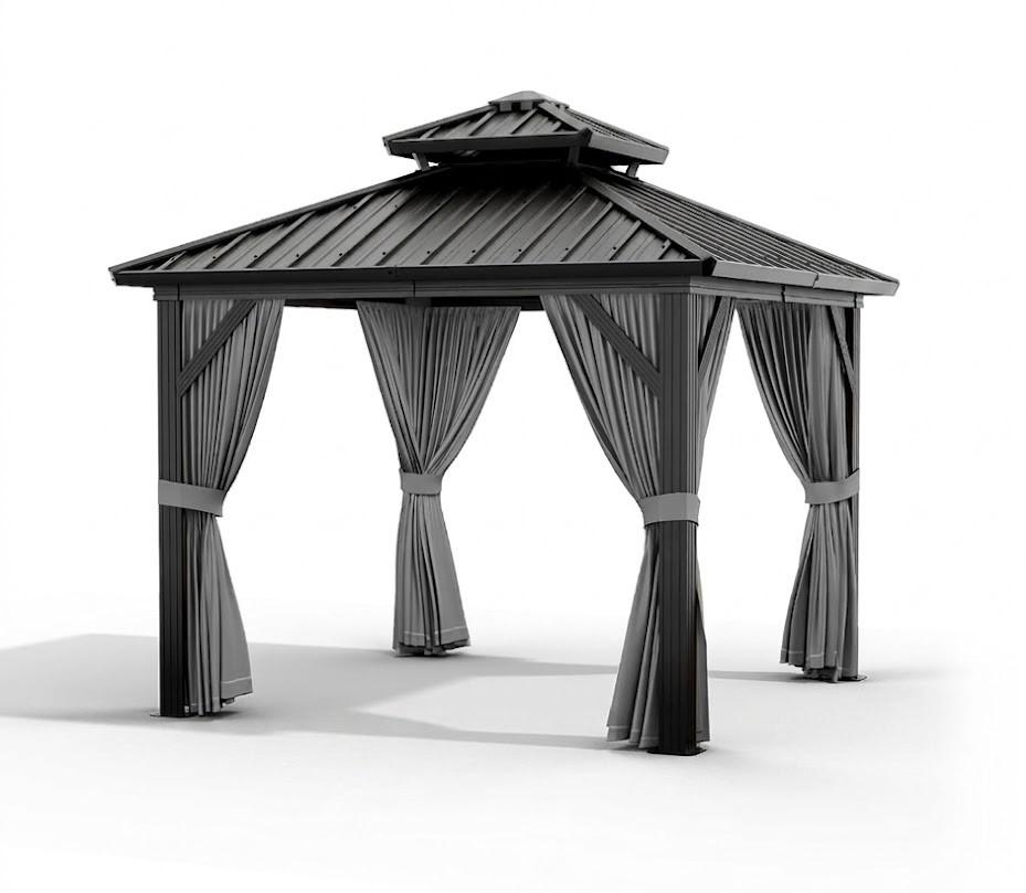 OUTLANE 10x10ft Gazebo, Hardtop Double Roof Canopy with Netting and Curtains, Outdoor Gazebo Galvanized Iron Aluminum Frame Garden Tent for Patio, Backyard, Deck, Lawns (Gray)