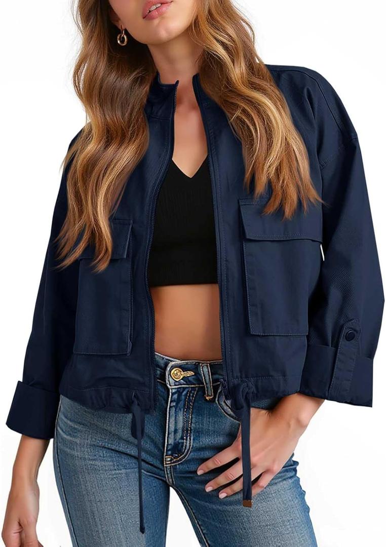 Tankaneo Women Casual Cropped Jackets Zip Up Lightweight Military Safari Short Utility Coat with Pockets, Size L