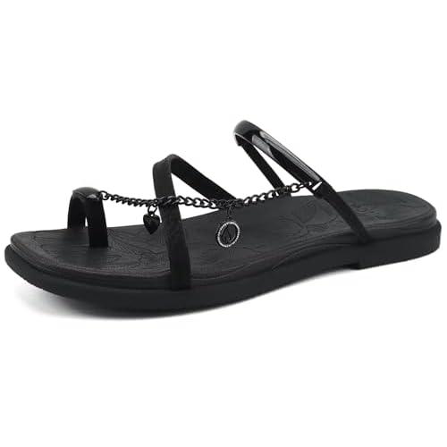 ONCAI Women's Flat Sandals Toe-loop Strappy Square Open Toe Slip on Fashion Dressy Slide Sandal for Woman 2026 Black Size 10 Summer Casual Comfortable Beach Lightweight Outdoor Slides Shoes