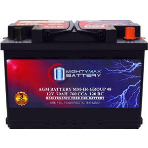 Mighty Max Battery MM-H6 Start and Stop Car BCI Group Size 48 12V 70 AH, 120RC, 760 CCA Rechargeable AGM Car Battery