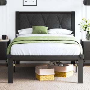 Feonase Twin Size Metal Bed Frame with Fabric Button Tufted Headboard, Platform Bed Frame with Heavy Duty Metal Slats, 12" Storage Space, Noise Free, No Box Spring Needed, Dark Grey