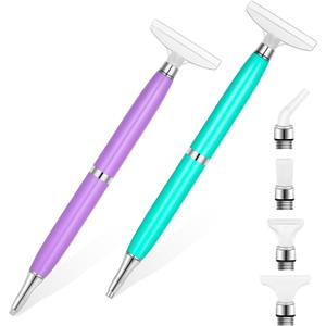 benote Diamond Art Pen Tools, 2 Sets Ergonomic Diamond Art Accessories Pens Metal Screw Thread Multi Placer Tips, Round and Square Drill Pen for Nail DIY Craft (Purple+Green)