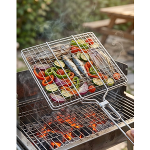 1 Pc Grilling Basket Stainless with 21" Long Heat-resistant Steel Grill Basket Wooden Handles for Outdoor Wood Stove Flip Grills Cooking Portable Camping Rack for Meat Gifts for Men Dad 