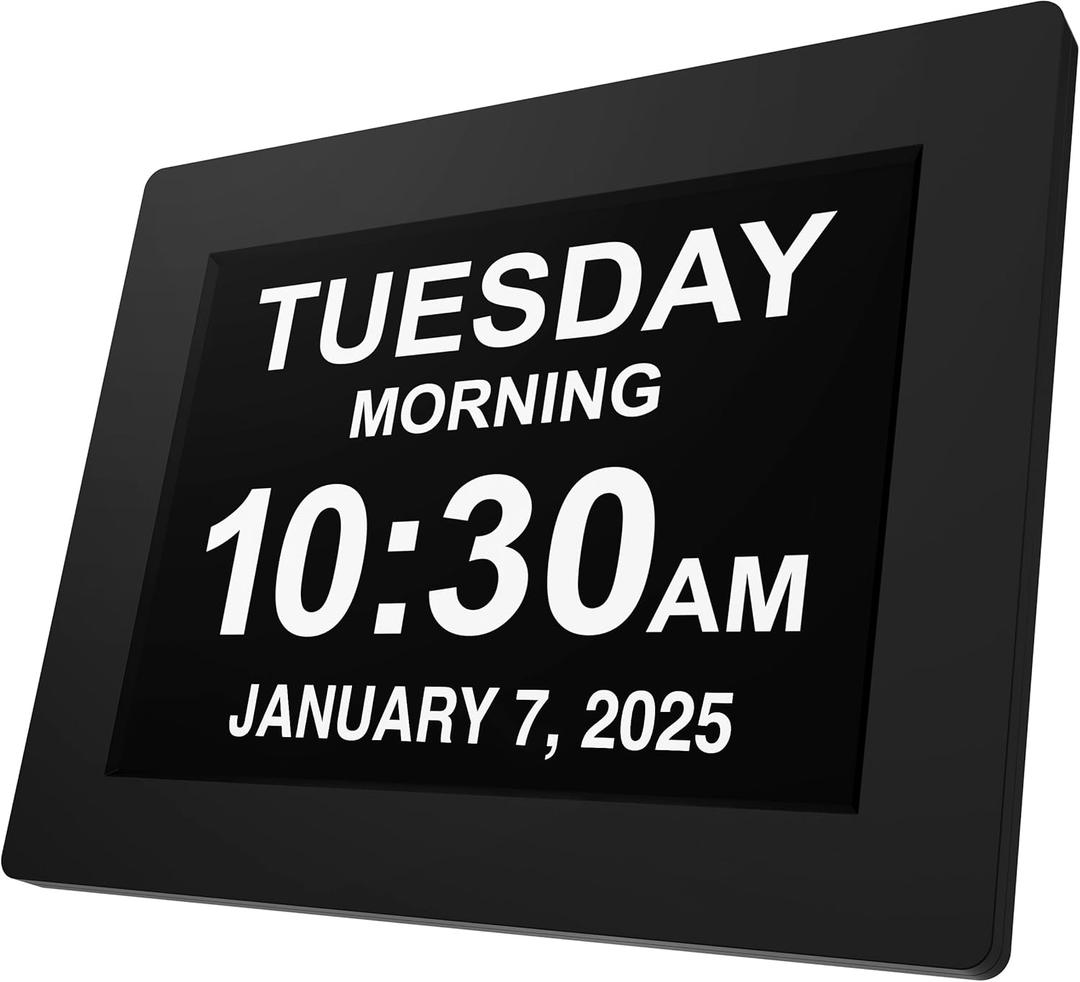 American Lifetime Large Digital Clock for Seniors, Black, 8 inch, with Day & Date, Customizable Alarms, Auto-Dimming, Multi-Language Support, Battery Backup, Easy Setup, and Gift Option