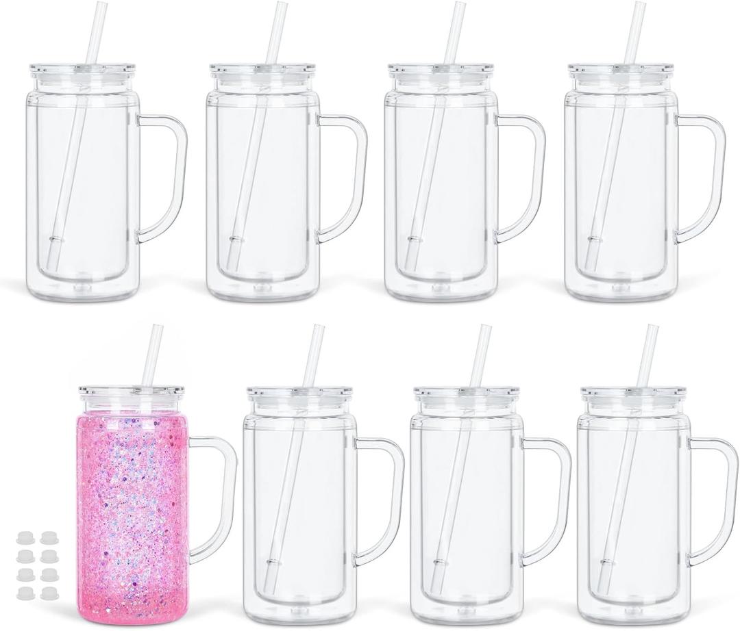 8 Pack 16 Oz Snow Globe Tumbler with Handle, Acrylic Snow Globe Cups with Pre-drilled Hole and Plug, Double Wall Reusable Clear Plastic Travel Coffee Mug for Snowglobe Glitter DIY Gift (Clear)