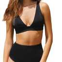 Bikini Set for Women Tummy Control Two Pieces V Neck Bathing Suit High Waisted Swimwear (Medium, Black)