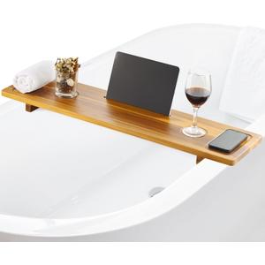 Bathtub Tray, Acacia Bath Tray for Tub, 34.6''x9'' Wooden Bathtub Caddy Tray with Adjustable Legs Fit Various Bathtubs, Anti-Tipping, Sustainable Bath Table with Wine Glass and Tablet Holder