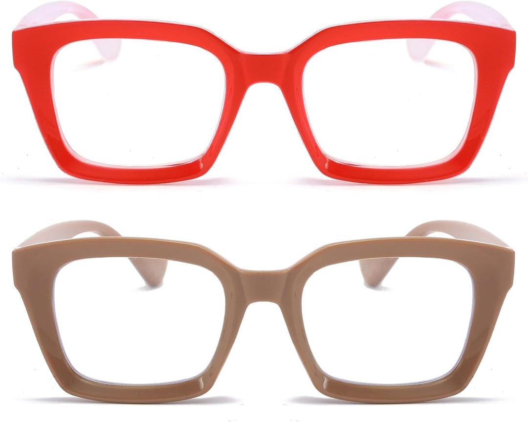REAVEE 2 Pack Oversized Reading Glasses for Women Men Blue Light Blocking, Ladies Stylish Retro Square Large Computer Readers (Red/Coffee 2.25x)