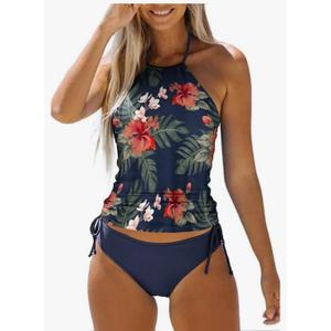 Womens Two-Piece Tankini Set Cow Skull with Leopard Print Sets Swimwear Tankini Top Sets Swimwear C Flower, Small Size