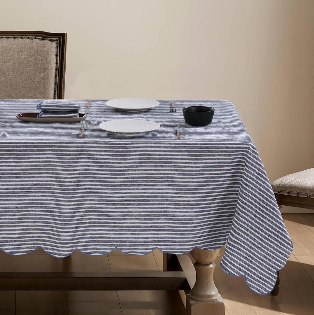 100% French Flax Linen Tablecloths Scalloped Embroidery Rectangle 84Lx60W Inch for Dinners, Parties, Spring, Machine Washable, 6-8 Sets, Blue Stripe(Edges-Blue)